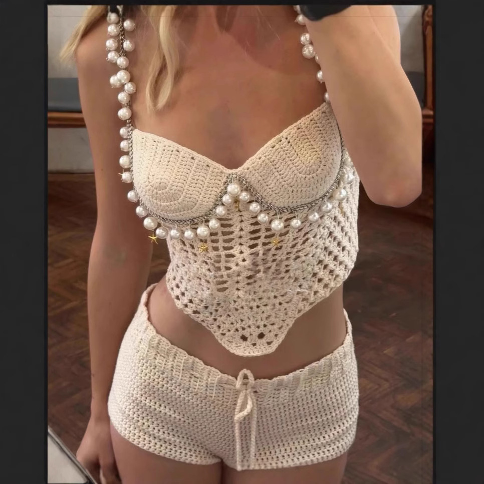 Crop Top Crochet - Sexy Kralen Gehaakte Crop Vest Shorts